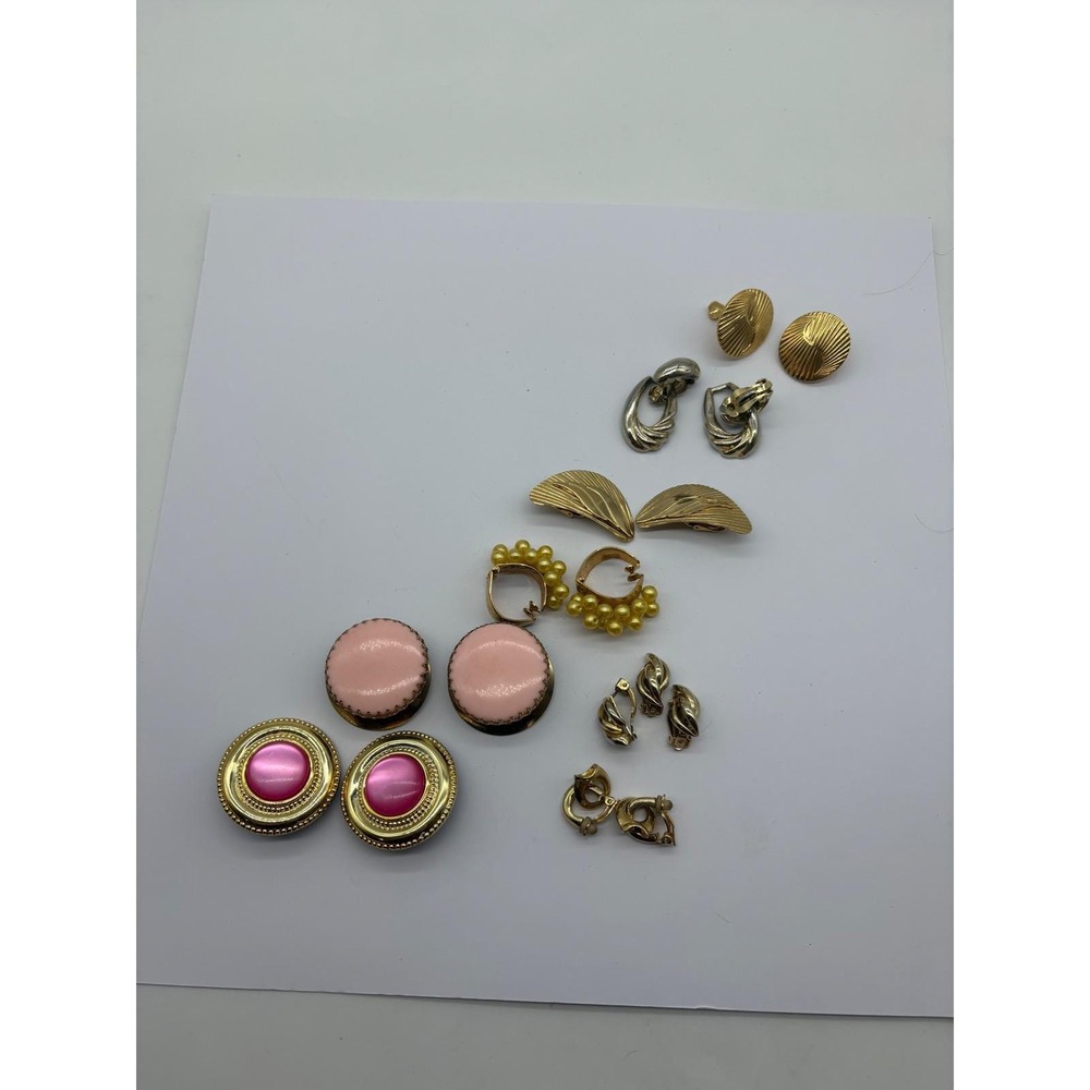 Vintage Clip On Earring Lot 8 Pairs Gold Tone Pink Faux Pearl Unsigned J30